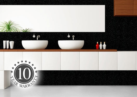 Two sink bathroom with black sparkle pvc bathroom wall panels